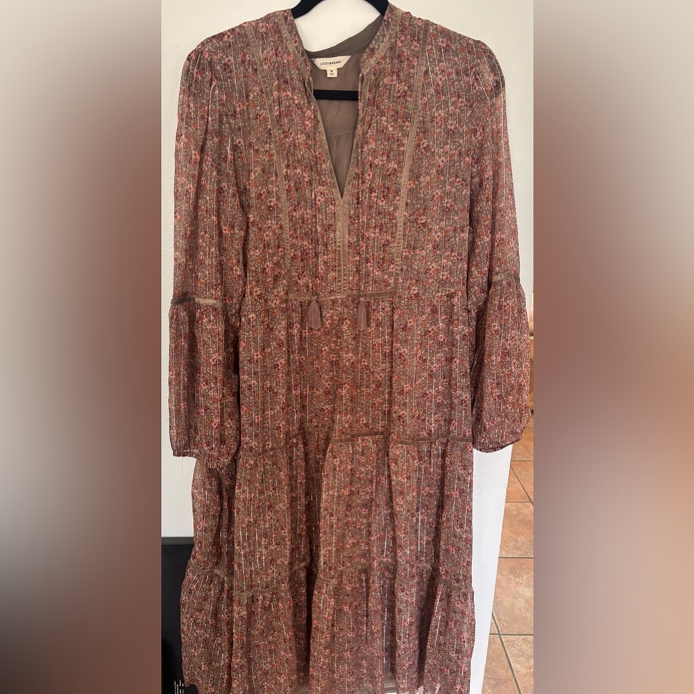 Lucky Brand Brown and Orange Tiered Maxi Dress with Bishop Sleeves